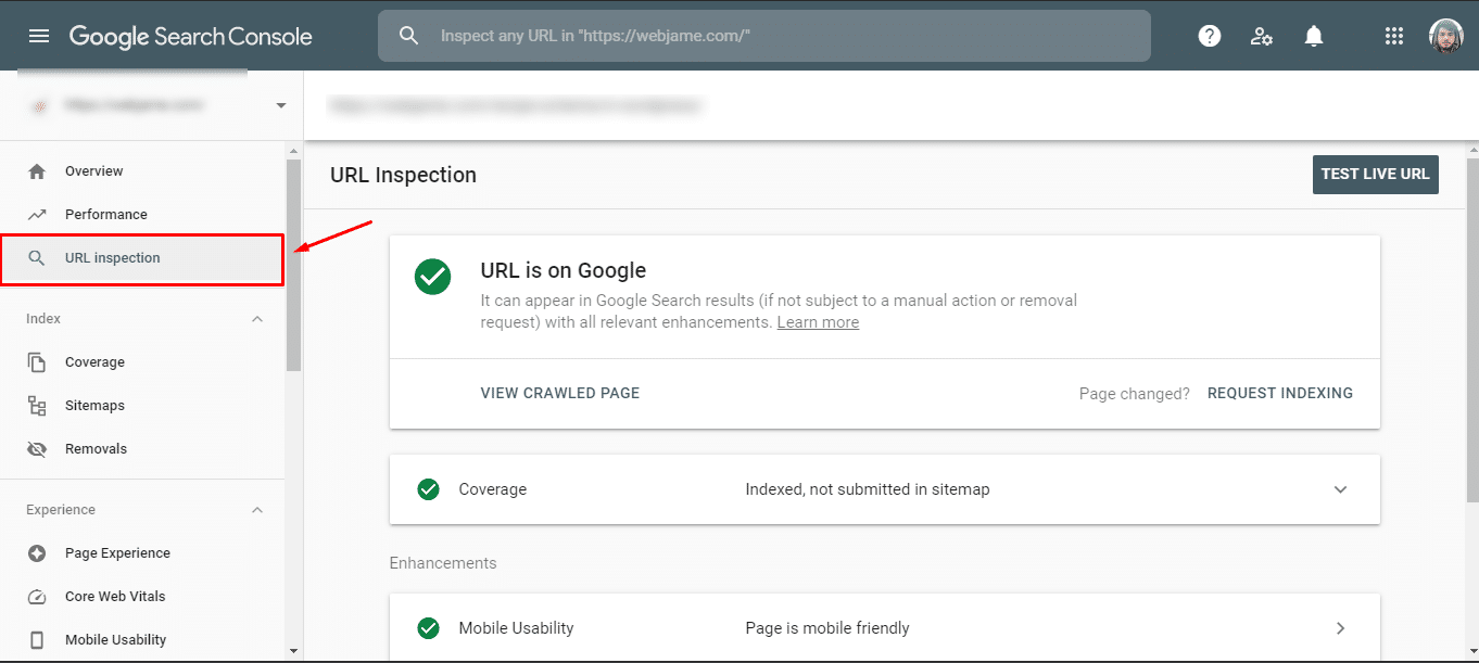 URL Inspection in google search console